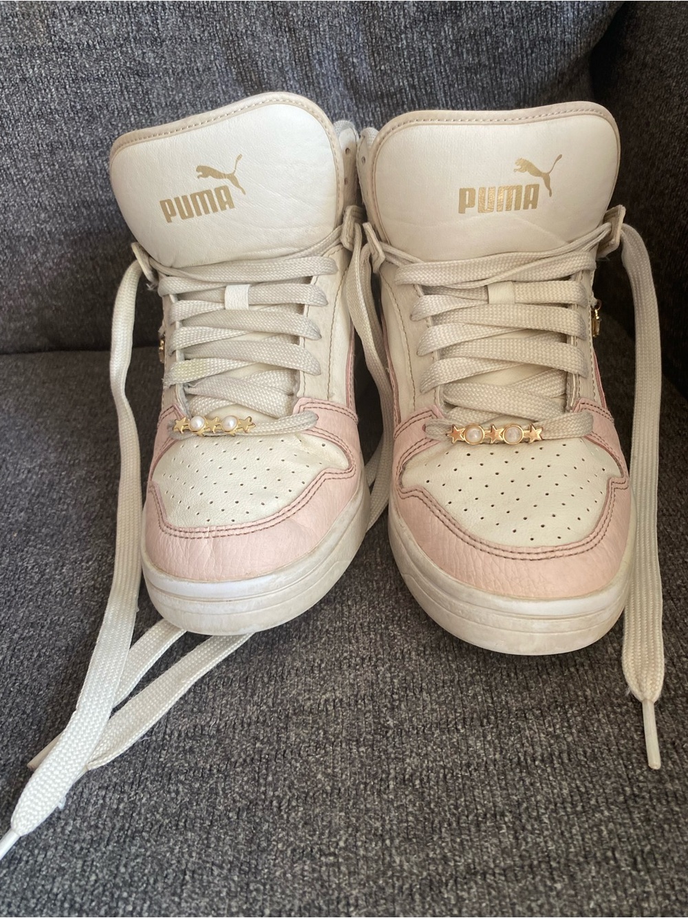 Puma Cream & Light Pink High-Top Kids Sneakers
